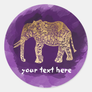 faux gold tribal elephant purple brushstroke classic round sticker
