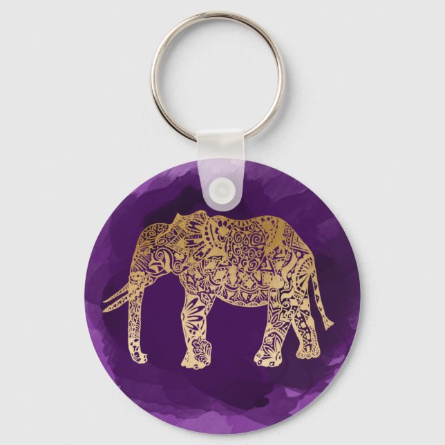 faux gold tribal elephant purple brushstroke keychain (Front)