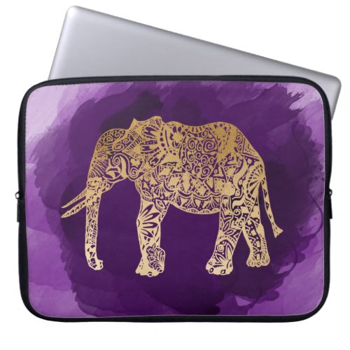 faux gold tribal elephant purple brushstroke laptop sleeve