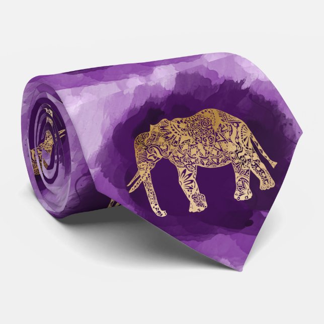 faux gold tribal elephant purple brushstroke neck tie (Rolled)