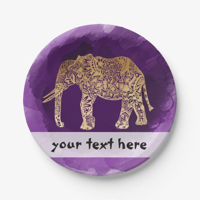 faux gold tribal elephant purple brushstroke paper plates (Front)