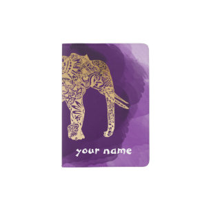 faux gold tribal elephant purple brushstroke passport holder
