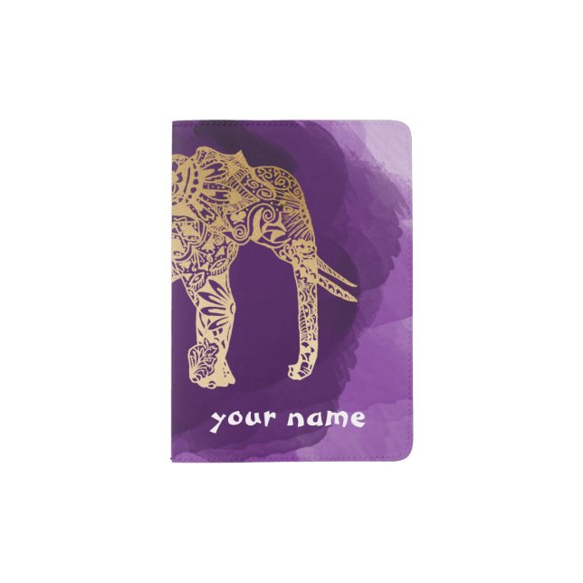 faux gold tribal elephant purple brushstroke passport holder (Front)
