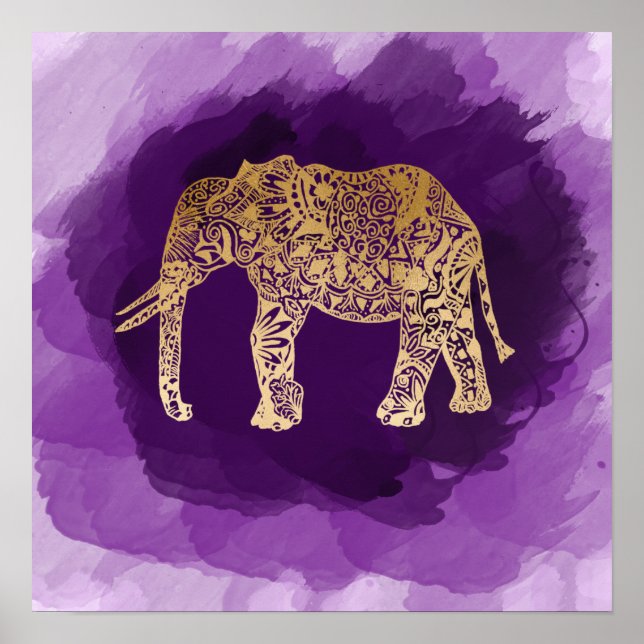 faux gold tribal elephant purple brushstroke poster (Front)