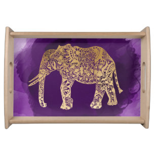 faux gold tribal elephant purple brushstroke serving tray