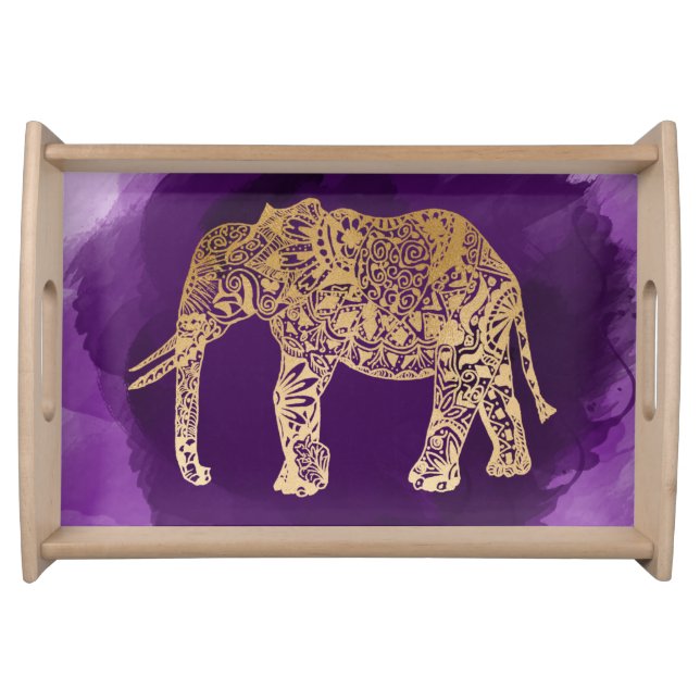faux gold tribal elephant purple brushstroke serving tray (Front)