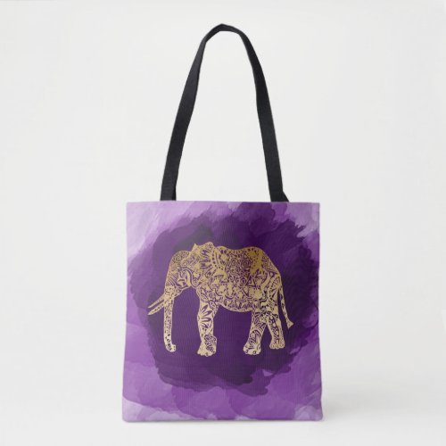 faux gold tribal elephant purple brushstroke tote bag