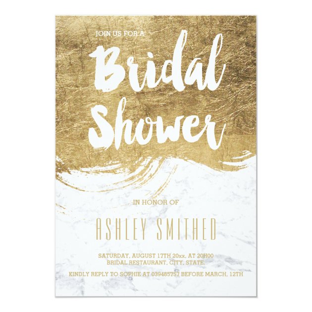 Faux Gold Typography Brush Marble Bridal Shower Invitation