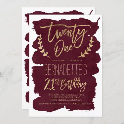Faux gold typography burgundy watercolor 21st invitation