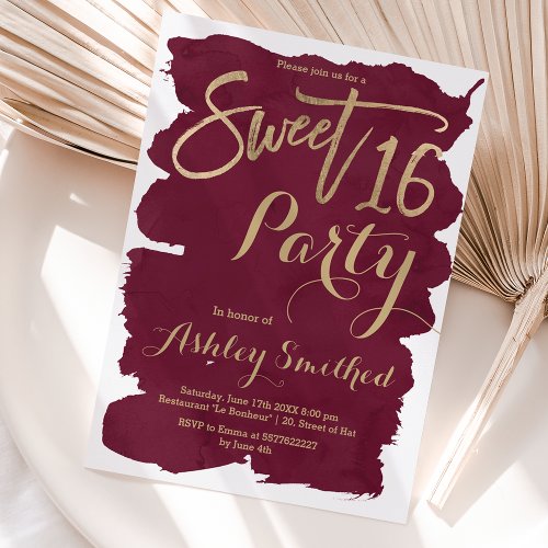 Faux gold typography burgundy watercolor Sweet 16 Invitation