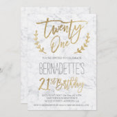Faux gold typography feathers marble 21st Birthday Invitation (Front/Back)