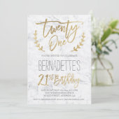 Faux gold typography feathers marble 21st Birthday Invitation (Standing Front)