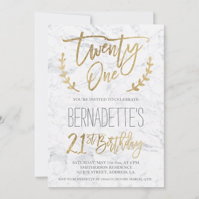 Faux gold typography feathers marble 21st Birthday Invitation (Front)