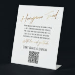 Faux Gold Typography Honeymoon Fund QR Code Pedestal Sign<br><div class="desc">This collection features an elegant, modern, handwritten font to create key words and phrases. In this piece, the graphic typography overlays read "Honeymoon Fund" in the large header area and "With love & gratitude, " near the bottom. These images have been embellished with a simulated metallic faux gold finish for...</div>