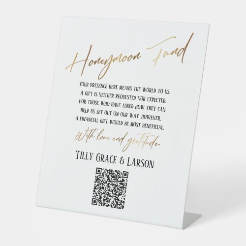 Faux Gold Typography Honeymoon Fund QR Code Pedestal Sign