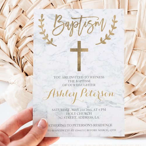 Faux gold typography marble baptism invitation