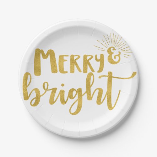 Faux Gold Typography Merry and Bright Christmas Paper Plates