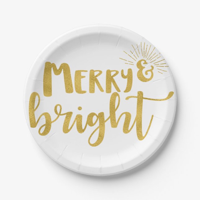 Faux Gold Typography Merry and Bright Christmas Paper Plates (Front)