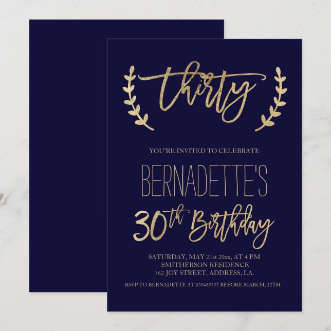Faux gold typography navy blue 30th Birthday Invitation (Front/Back)