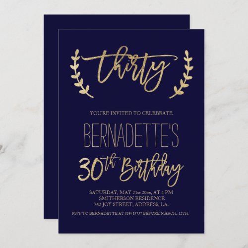 Faux gold typography navy blue 30th Birthday Invitation