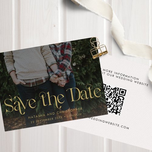 Faux Gold Typography QR Code Photo Save The Date