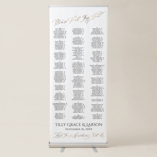 Faux Gold Typography Seating Chart 170 Names Retractable Banner (Front)