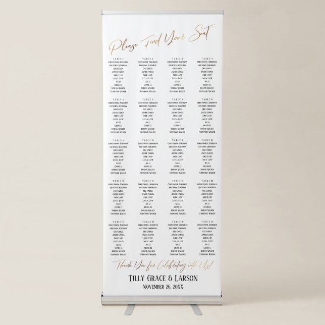 Faux Gold Typography Seating Chart 20 Tables of 10 Retractable Banner (Front)