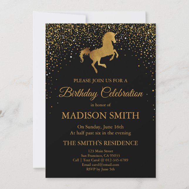 Faux Gold Unicorn Birthday Invitation (Front)