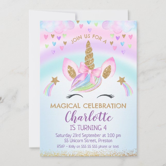 Faux Gold Unicorn Bow Rainbow Birthday Invitation (Front)