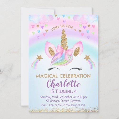 Faux Gold Unicorn Bow Rainbow Birthday Invitation