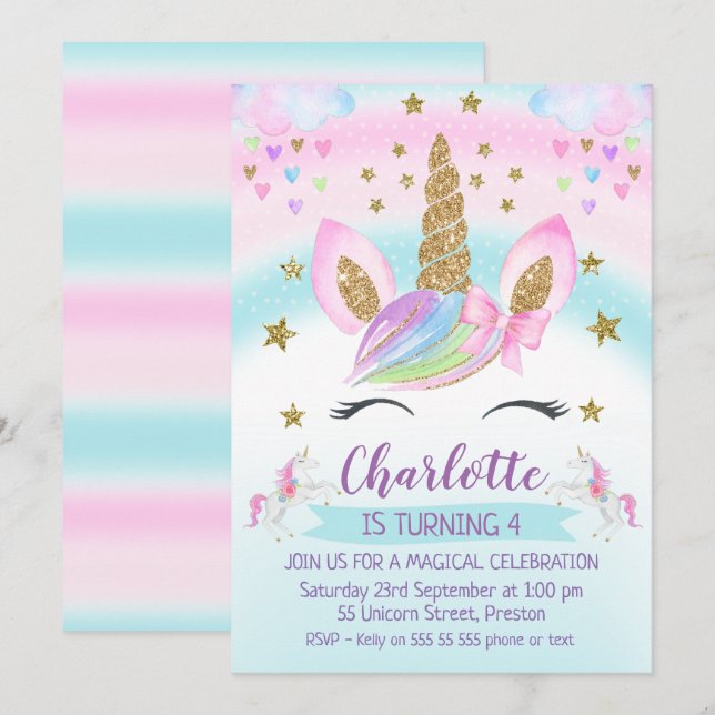 faux Gold Unicorn Rainbow 1st Birthday Invitation (Front/Back)