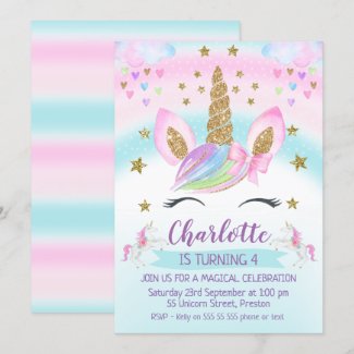 faux Gold Unicorn Rainbow 1st Birthday Invitation