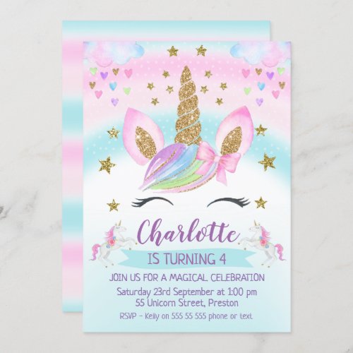 faux Gold Unicorn Rainbow 1st Birthday Invitation