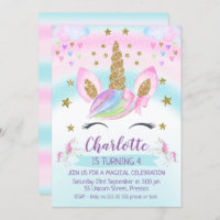 faux Gold Unicorn Rainbow 1st Birthday Invitation