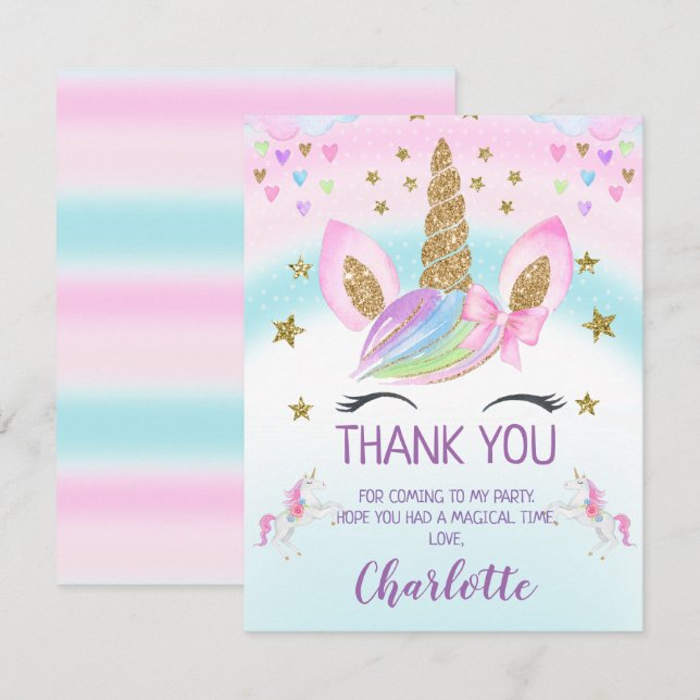 Faux Gold Unicorn Rainbow Birthday Thank You Card (Front/Back)