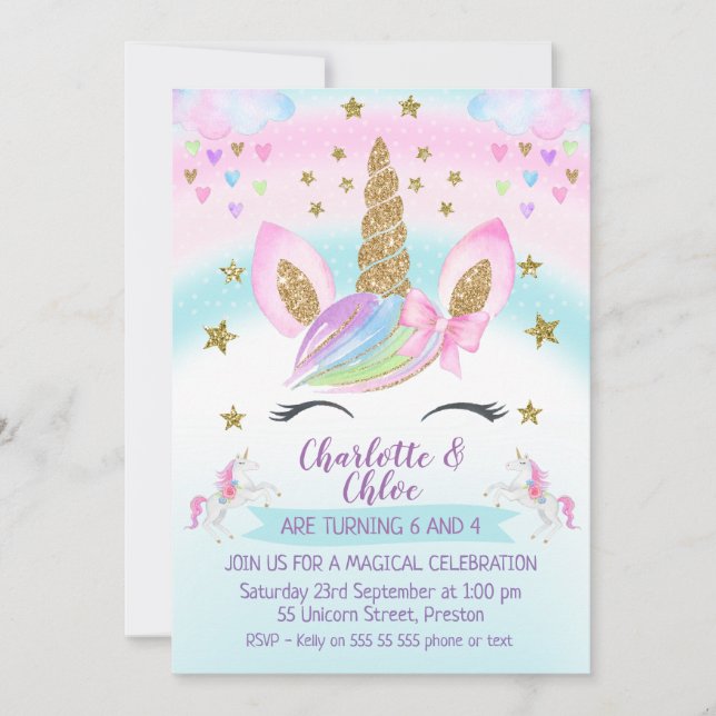 Faux Gold Unicorn Rainbow Joint Birthday Invitation (Front)