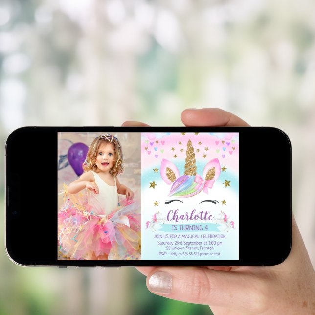 Faux Gold Unicorn Rainbow  Photo Birthday Invitation (Front Digital)