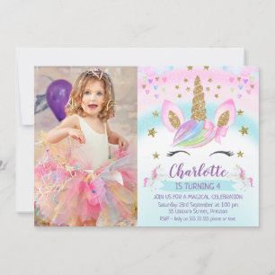 Faux Gold Unicorn Rainbow  Photo Birthday Invitation