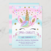 faux Gold Unicorn Rainbow Twins Joint Birthday Invitation