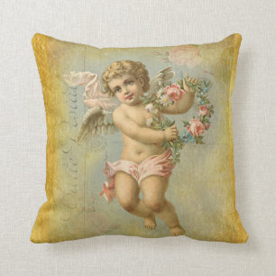 Faux Gold, Valentine Cherub on blue background Throw Pillow