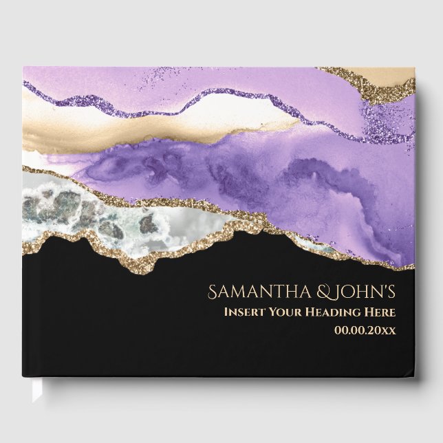Faux gold vibrant purple gemstone geode agate guest book (Front)