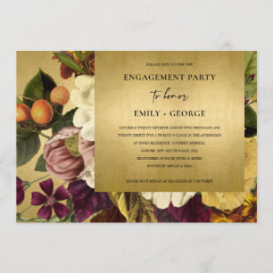 FAUX GOLD VINTAGE RETRO BURGUNDY FLORAL ENGAGEMENT INVITATION