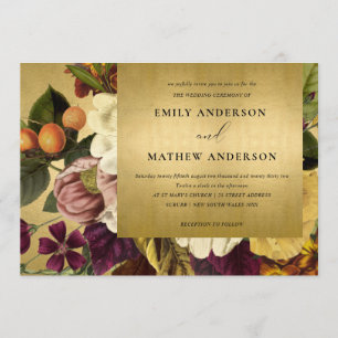 FAUX GOLD VINTAGE RETRO BURGUNDY FLORAL WEDDING INVITATION