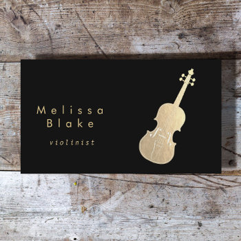 Faux Gold Violin On Black Business Card by musickitten at Zazzle
