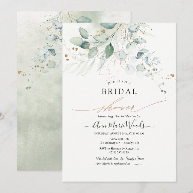 Faux Gold Watercolor Eucalyptus Bridal Shower Invitation (Front/Back)
