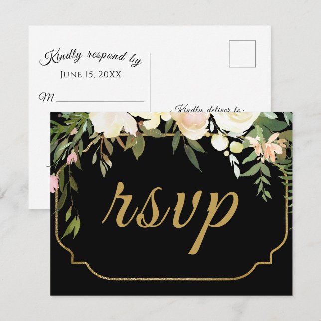 Faux Gold Watercolor Floral Black Wedding RSVP Postcard (Front/Back)