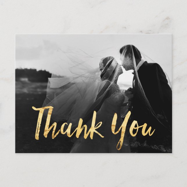 Faux Gold Wedding Photo Thank You Card (Front)