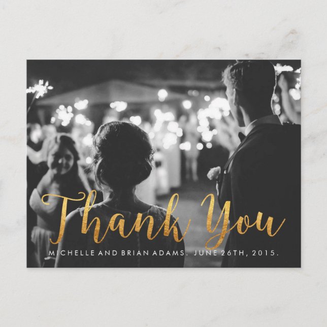 Faux Gold Wedding Photo Thank You Card (Front)
