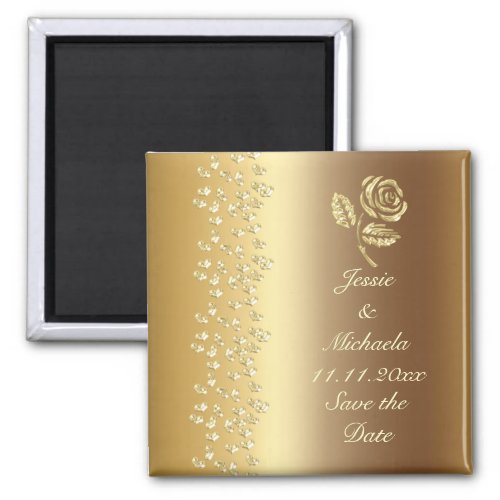 Faux Gold Wedding Rose and Hearts Save the Date Magnet