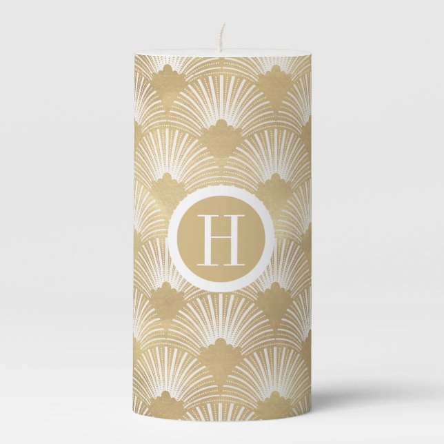 Faux Gold & White Art-Deco Pattern 2 Pillar Candle (Front)